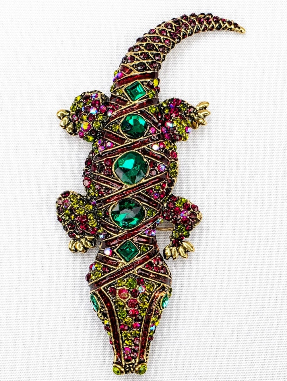 Vintage Style Rhinestone Alligator Crocodile Brooch Pin Green Red EUC